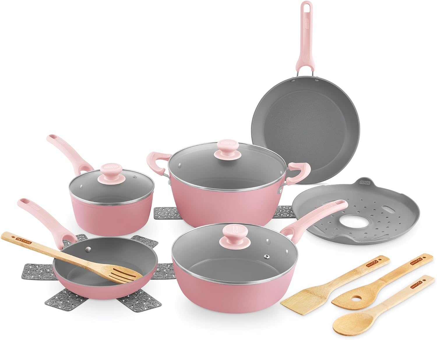 DASH Dream Green Ceramic Recycled Aluminum 15 Piece Cookware Set- Pink