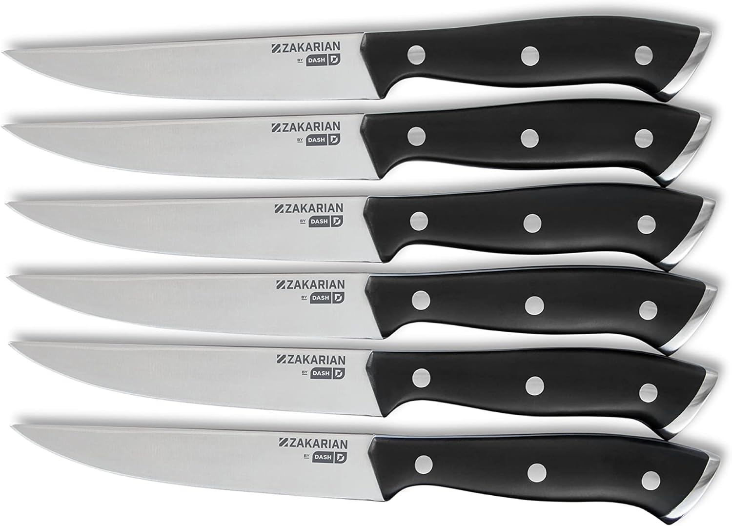 DASH Zakarian 6-Piece Steak Knife Set, Non-Serrated Full Tang German Steel Blade, Black