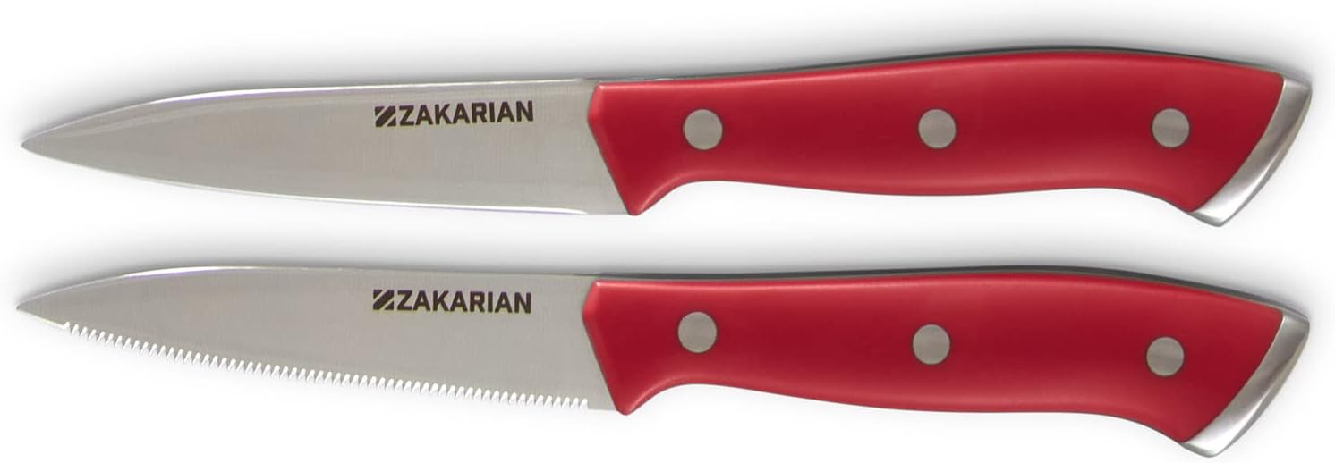 Zakarian by Dash 2 Piece Chef Grade German Steel Paring Knife Set with Smooth and Serrated Blades for Chopping, Dicing, Mincing, Slicing and More  Cranberry