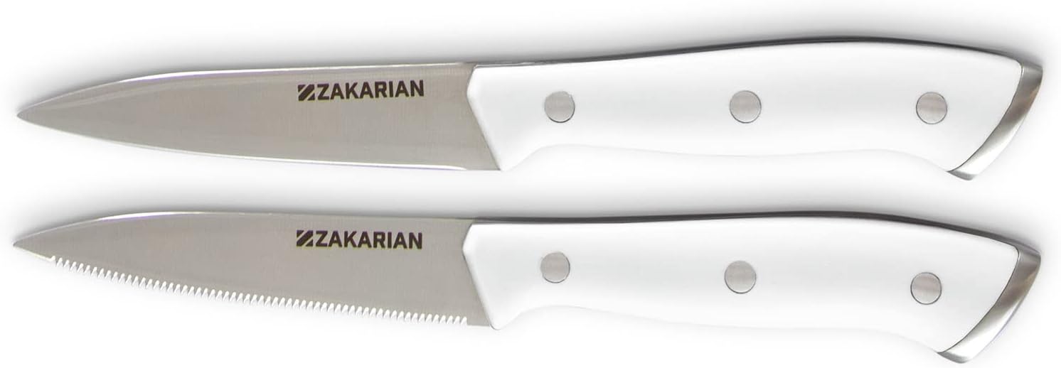 Zakarian by Dash 2 Piece Chef Grade German Steel Paring Knife Set with Smooth and Serrated Blades for Chopping, Dicing, Mincing, Slicing and More  White