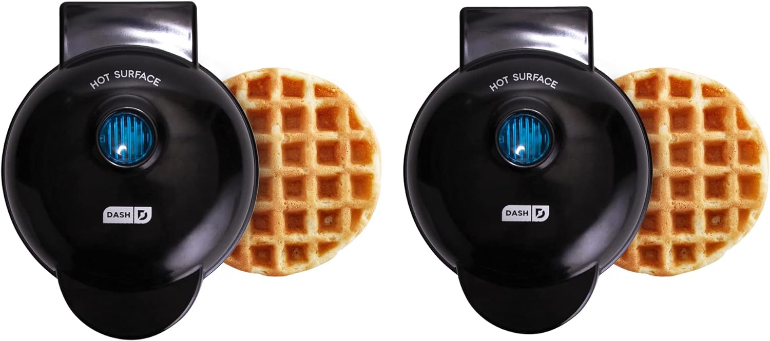 DASH Mini Waffle Maker (2 Pack) for Individual Waffles Hash Browns, Keto Chaffles with Easy to Clean, Non-Stick Surfaces, 4 Inch, Black