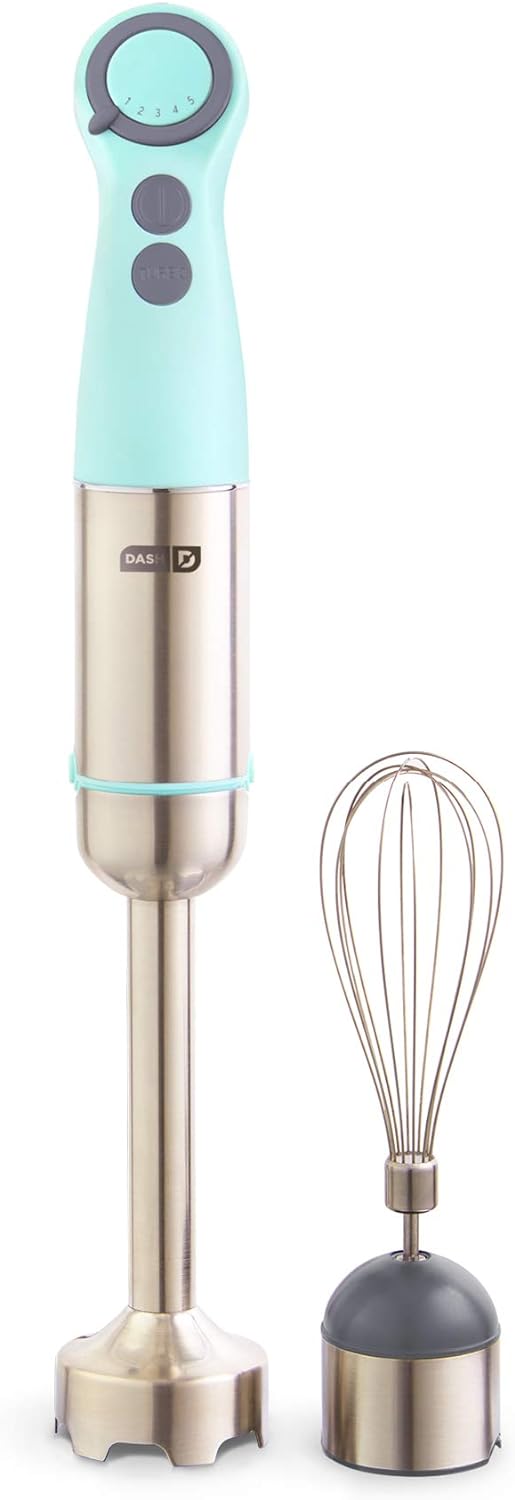 Dash Chef Series Immersion Hand Blender, 5 Speed Stick Blender with Stainless Steel Blades, Whisk Attachment and Recipe Guide  Aqua