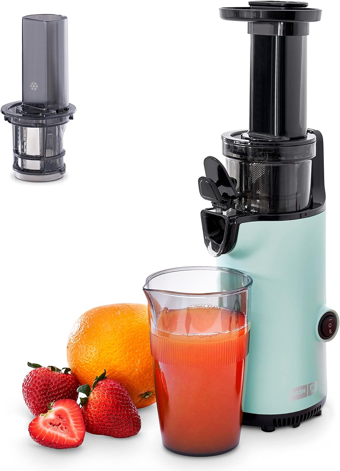 DASH Deluxe Compact Masticating Slow Juicer, Easy to Clean Cold Press Juicer with Brush, Pulp Measuring Cup, Frozen Attachment and Juice Recipe Guide - Aqua