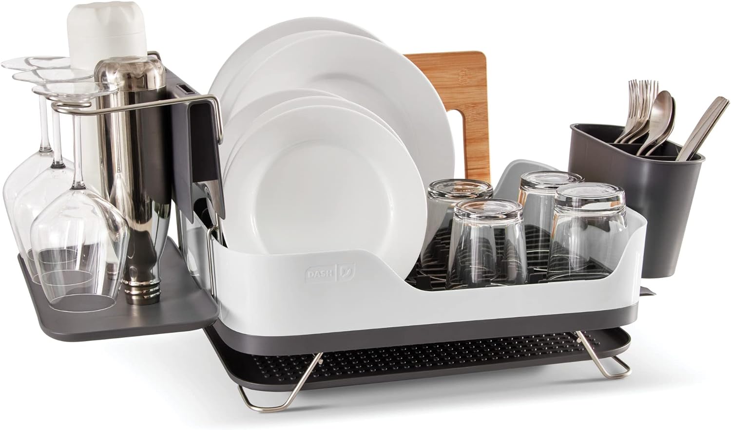 DASH SmartStore Full Size Dish Rack  Plates, Cups, Utensil Holder, Knife Slot, Drainage Spout   Drying Mat  White