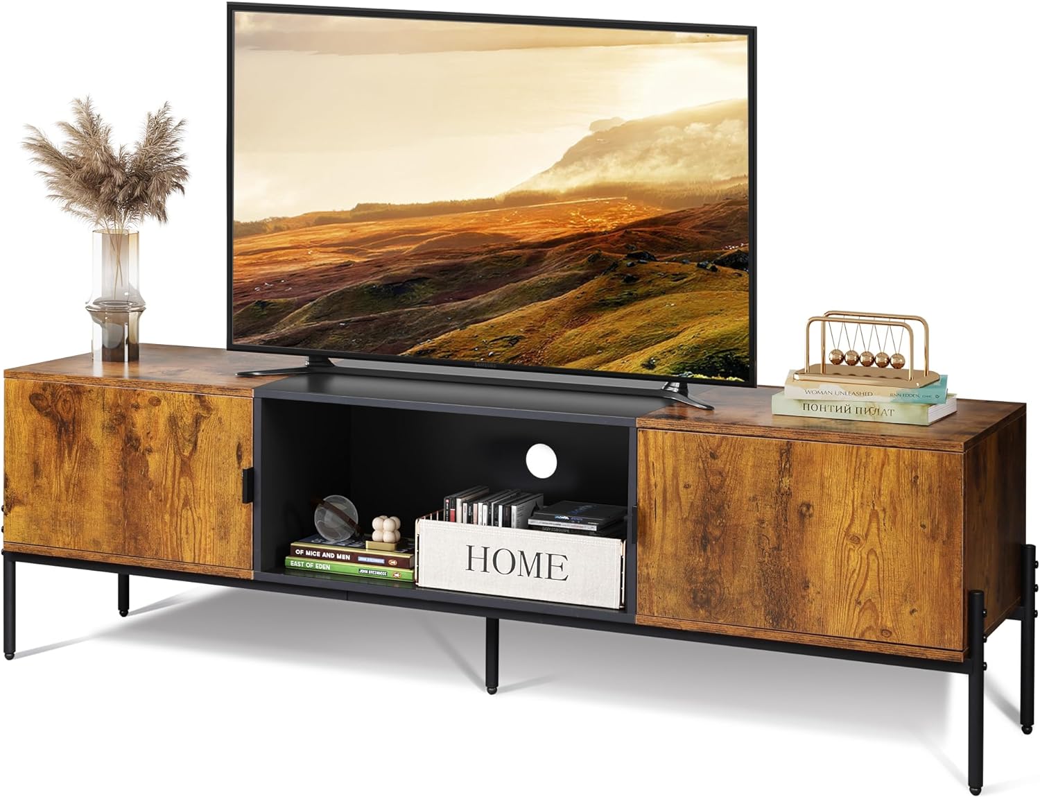 WLIVE Modern TV Stand for 65 Inch TV, Mid Century Entainment Center with Storage, TV Console with Open Shelf and 2 Cabinets for Bedroom and Living Room, TV Cabinet with Metal Legs, Rustic Brown