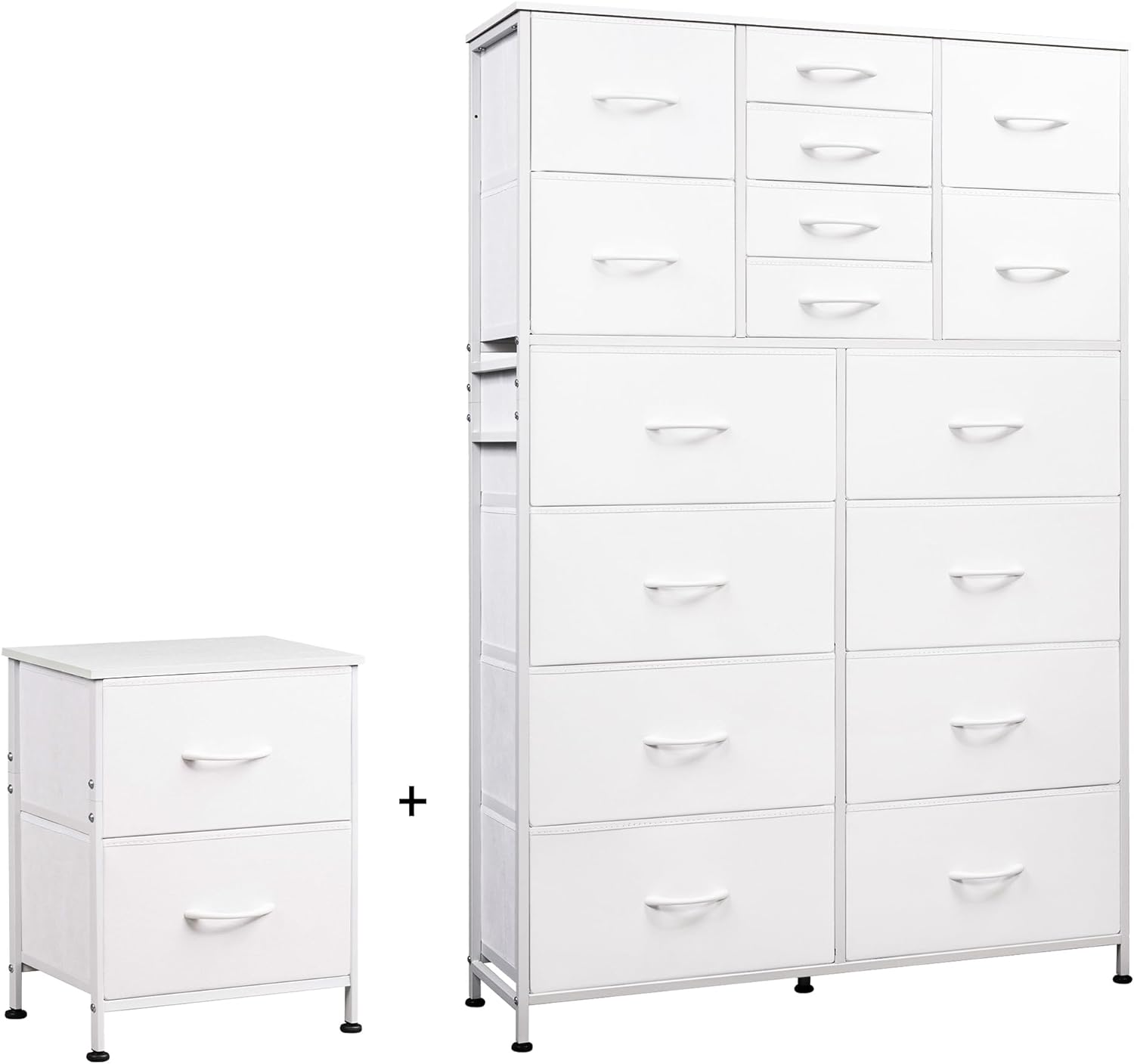 WLIVE 2 Drawer Nightstand and 16 Drawers Dresser Set, Dresser for Bedroom, Nursery, Closet, Hallway, Storage Dresser Organizer Unit, Dressers & Chests of Drawers with Fabric Bins, White