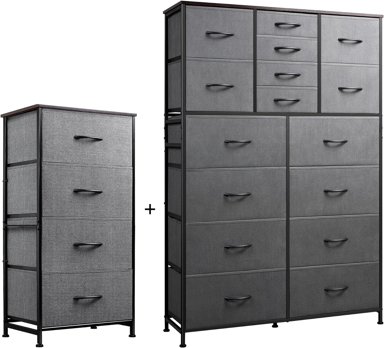 WLIVE 4 Drawers Dresser and 16 Drawers Dresser Set, Dresser for Bedroom, Nursery, Closet, Hallway, Storage Dresser Organizer Unit, Dressers & Chests of Drawers with Fabric Bins, Dark Grey