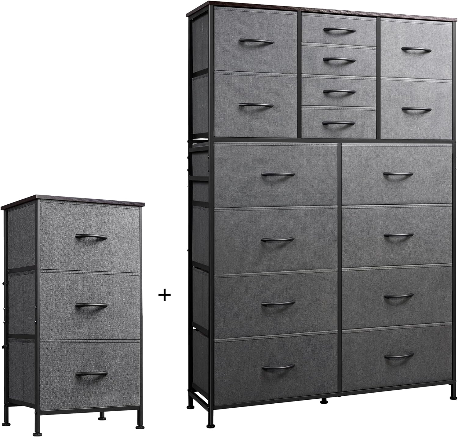 WLIVE 3 Drawers Dresser and 16 Drawers Dresser Set, Dresser for Bedroom, Nursery, Closet, Hallway, Storage Dresser Organizer Unit, Dressers & Chests of Drawers with Fabric Bins, Dark Grey