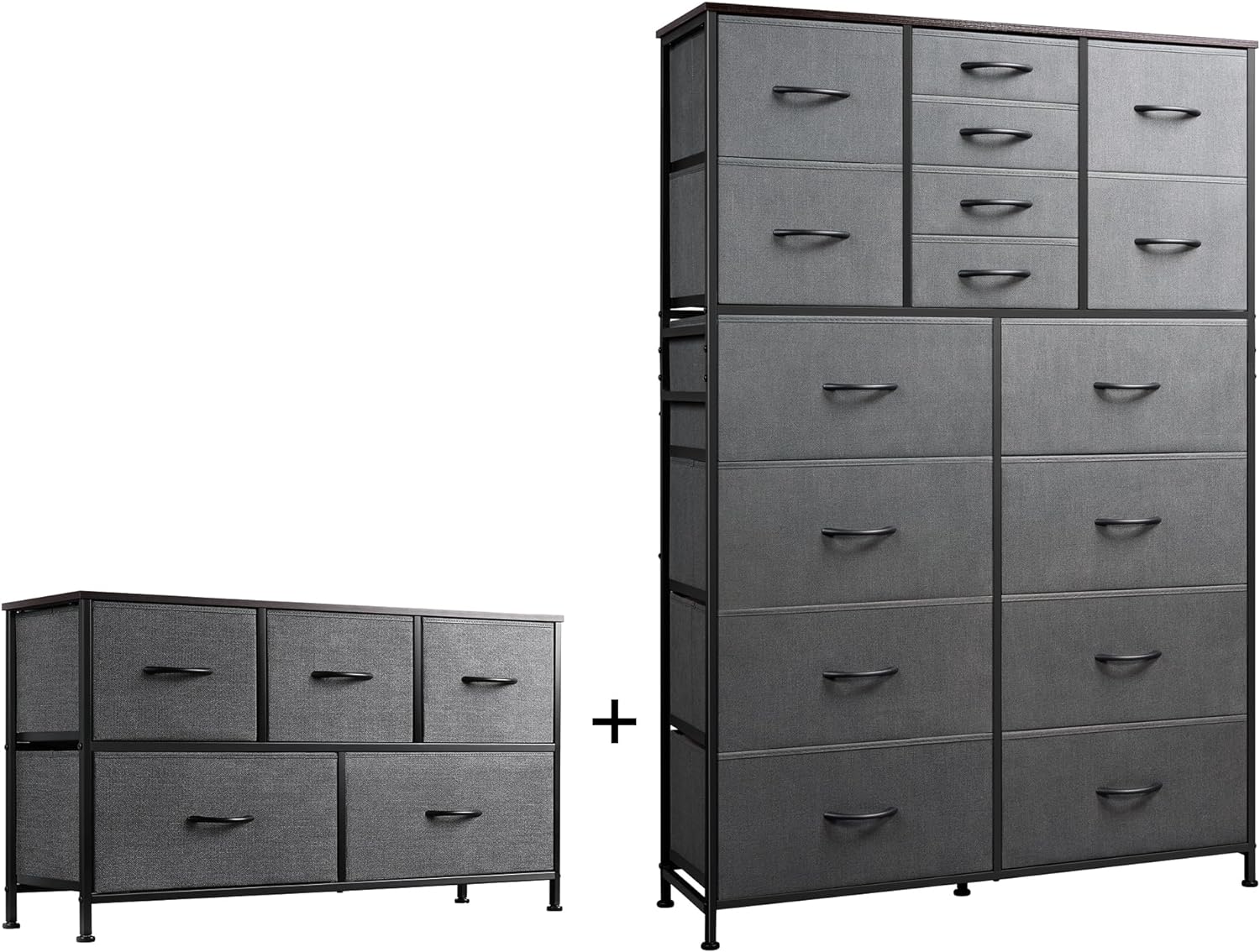 WLIVE 5 Drawers Dresser and 16 Drawers Dresser Set, Dresser for Bedroom, Nursery, Closet, Hallway, Storage Dresser Organizer Unit, Dressers & Chests of Drawers with Fabric Bins, Dark Grey