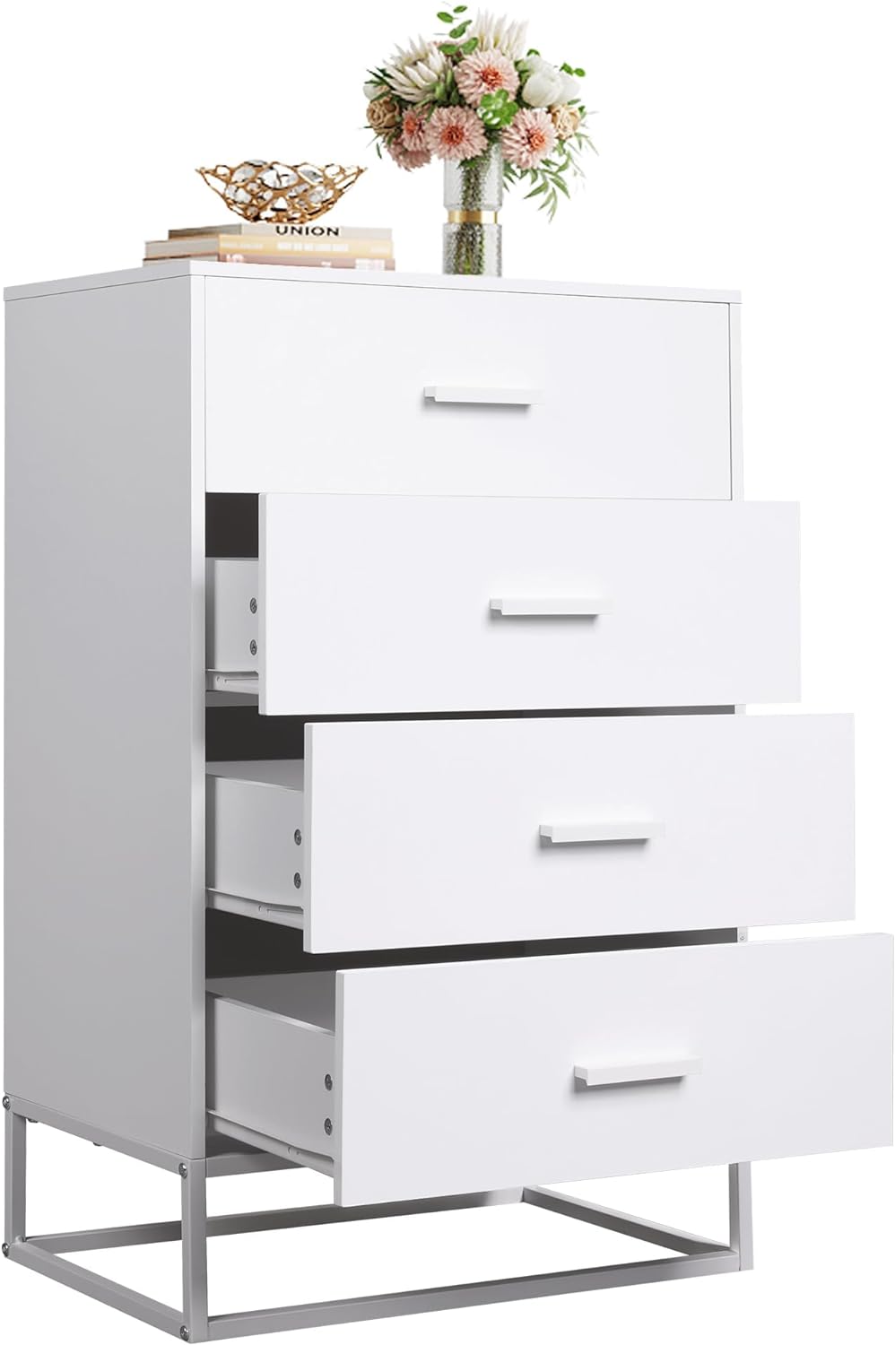 WLIVE Dresser for Bedroom with 4 Drawers, Chest of Drawers, Tall Dresser Drawers with Sturdy Metal Frame for Hallway, Living Room, Closet, White