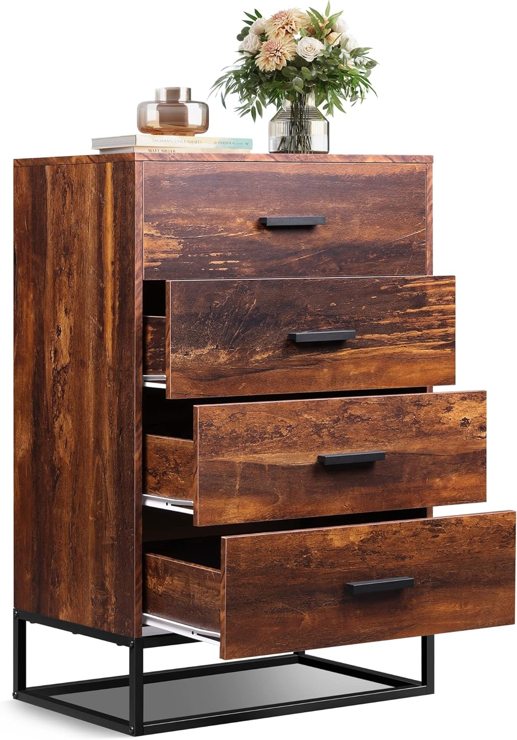 WLIVE Dresser for Bedroom with 4 Drawers, Chest of Drawers, Tall Dresser Drawers with Sturdy Metal Frame for Hallway, Living Room, Closet, Brown Oak