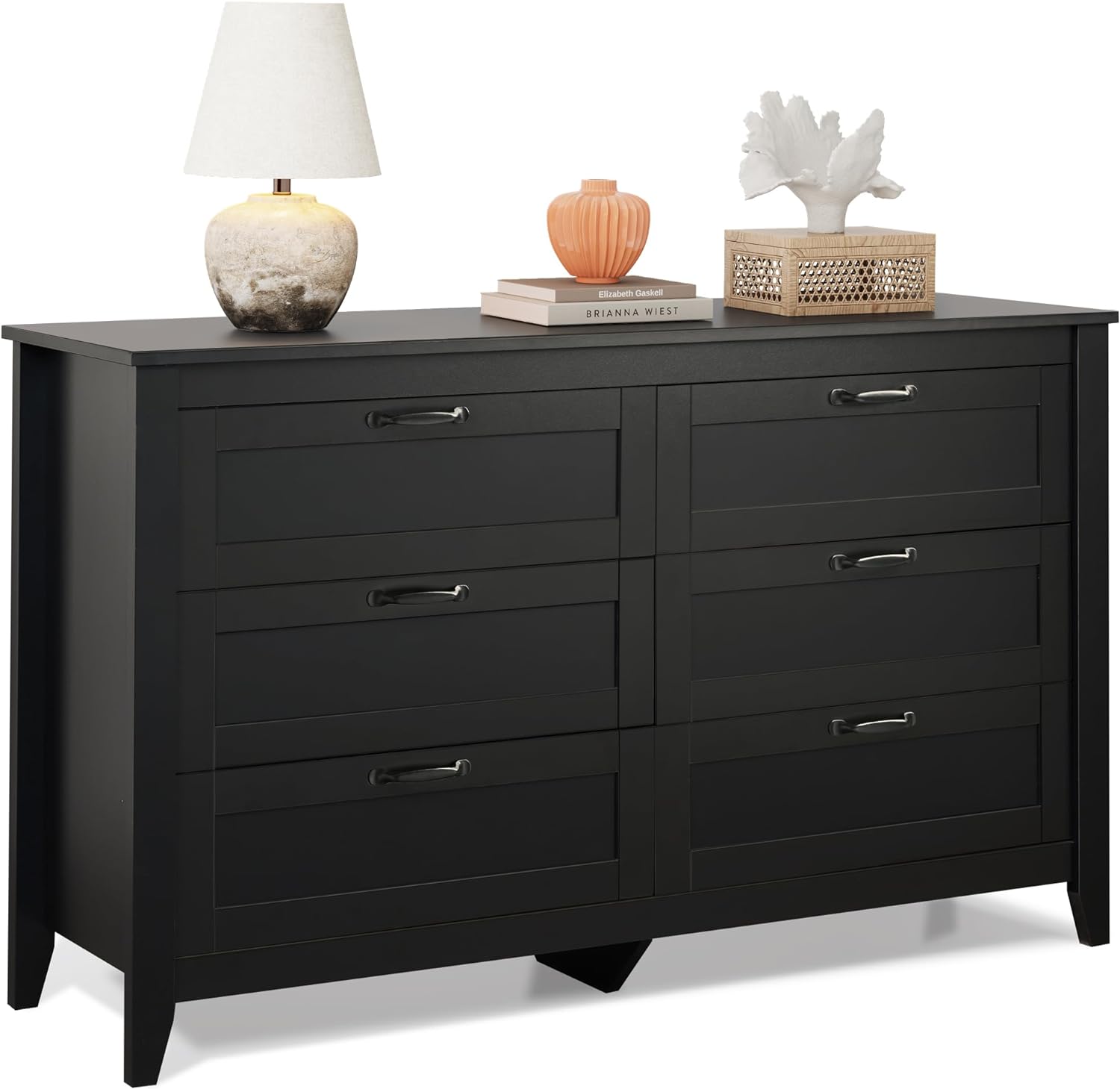 WLIVE 6 Drawer Dresser, Retro Chest of Drawers with Metal Handle, Double Wood Dresser for Bedroom, Living Room, Large Storage Cabinet, Black