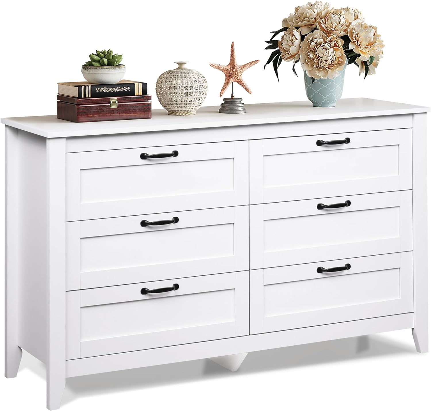 WLIVE 6 Drawer Dresser, Retro Chest of Drawers with Metal Handle, Double Wood Dresser for Bedroom, Living Room, Large Storage Cabinet, White