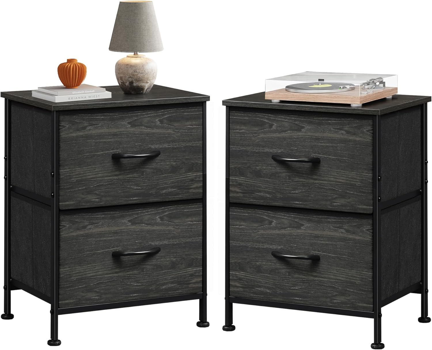 WLIVE Nightstand Set of 2, Small 2 Drawer Dresser for Bedroom, Bedside Furniture, Night Stand, End Table with Fabric Bins for Bedroom, Dorm, Charcoal Black Wood Grain Print