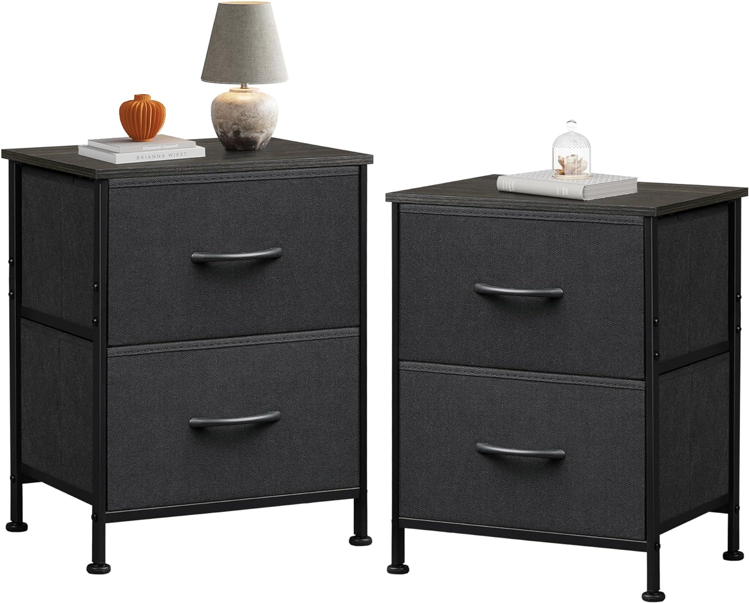 WLIVE Nightstand Set of 2, 2 Drawer Dresser for Bedroom, Small Dresser with 2 Drawers, Bedside Furniture, Night Stand, End Table with Fabric Bins for Bedroom, Closet, College Dorm, Charcoal Black