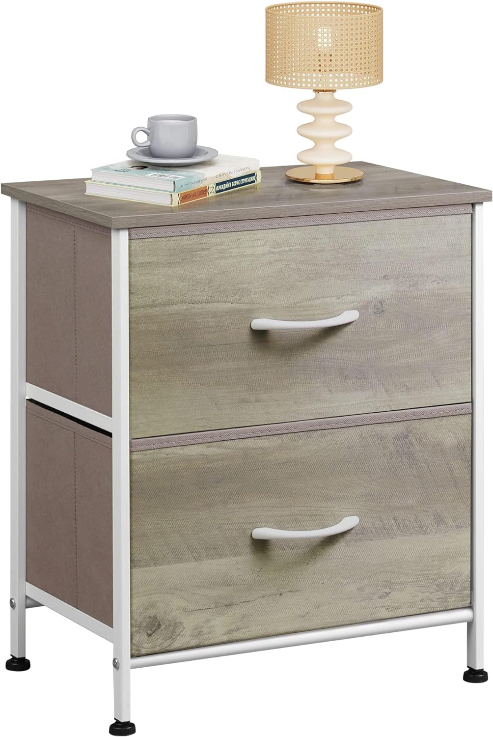 WLIVE Nightstand, 2 Drawer Dresser for Bedroom, Small Dresser with 2 Drawers, Bedside Furniture, Night Stand, End Table with Fabric Bins for Bedroom, Closet, College Dorm, Greige Oak