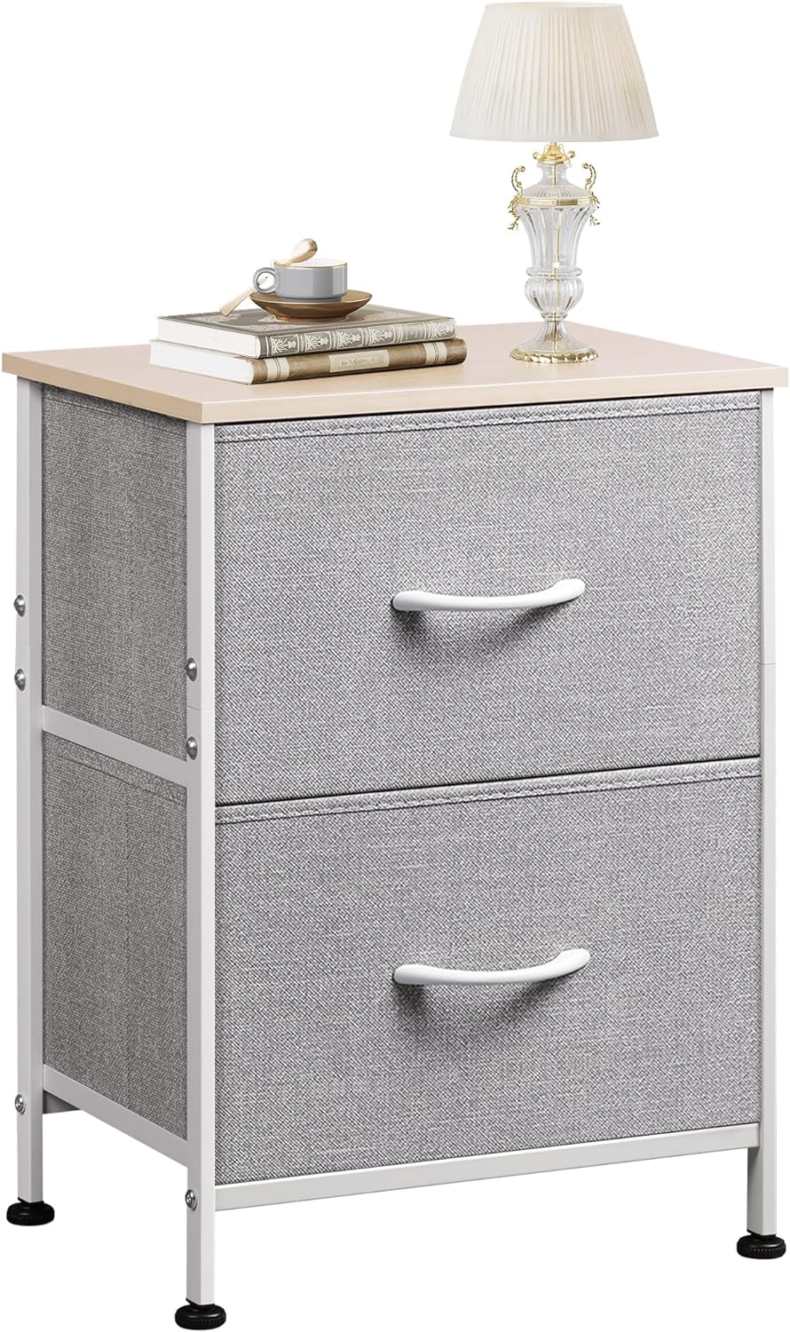 WLIVE Nightstand, 2 Drawer Dresser for Bedroom, Small Dresser with 2 Drawers, Bedside Furniture, Night Stand, End Table with Fabric Bins for Bedroom, Closet, College Dorm, Light Grey