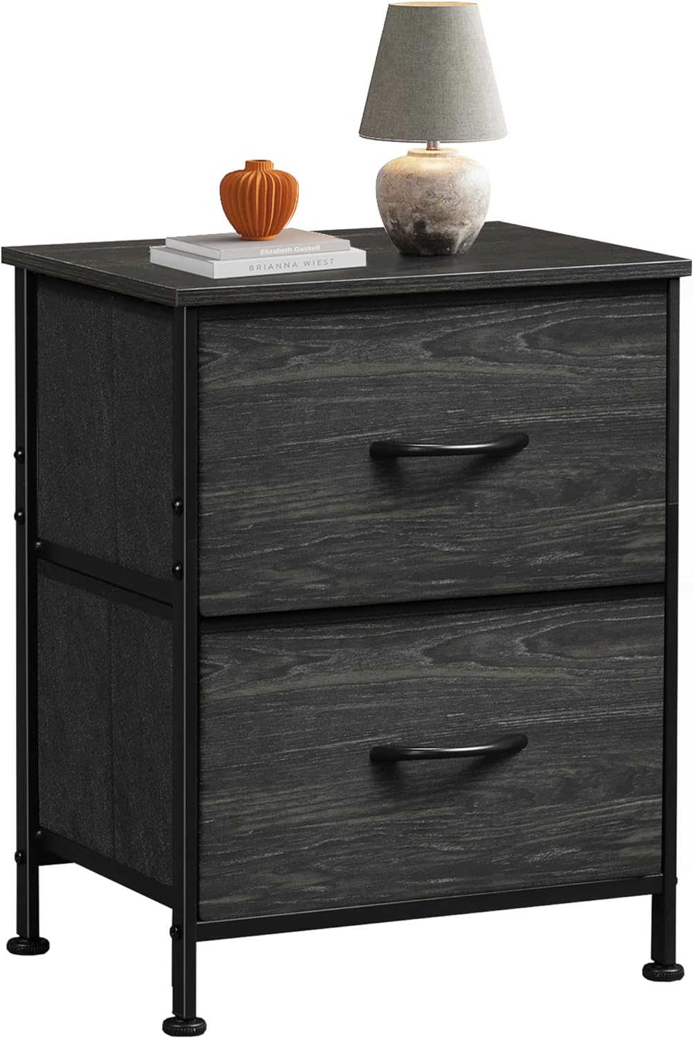 WLIVE Nightstand, 2 Drawer Dresser for Bedroom, Small Dresser with 2 Drawers, Bedside Furniture, Night Stand, End Table with Fabric Bins for Bedroom, Closet, Dorm, Charcoal Black Wood Grain Print