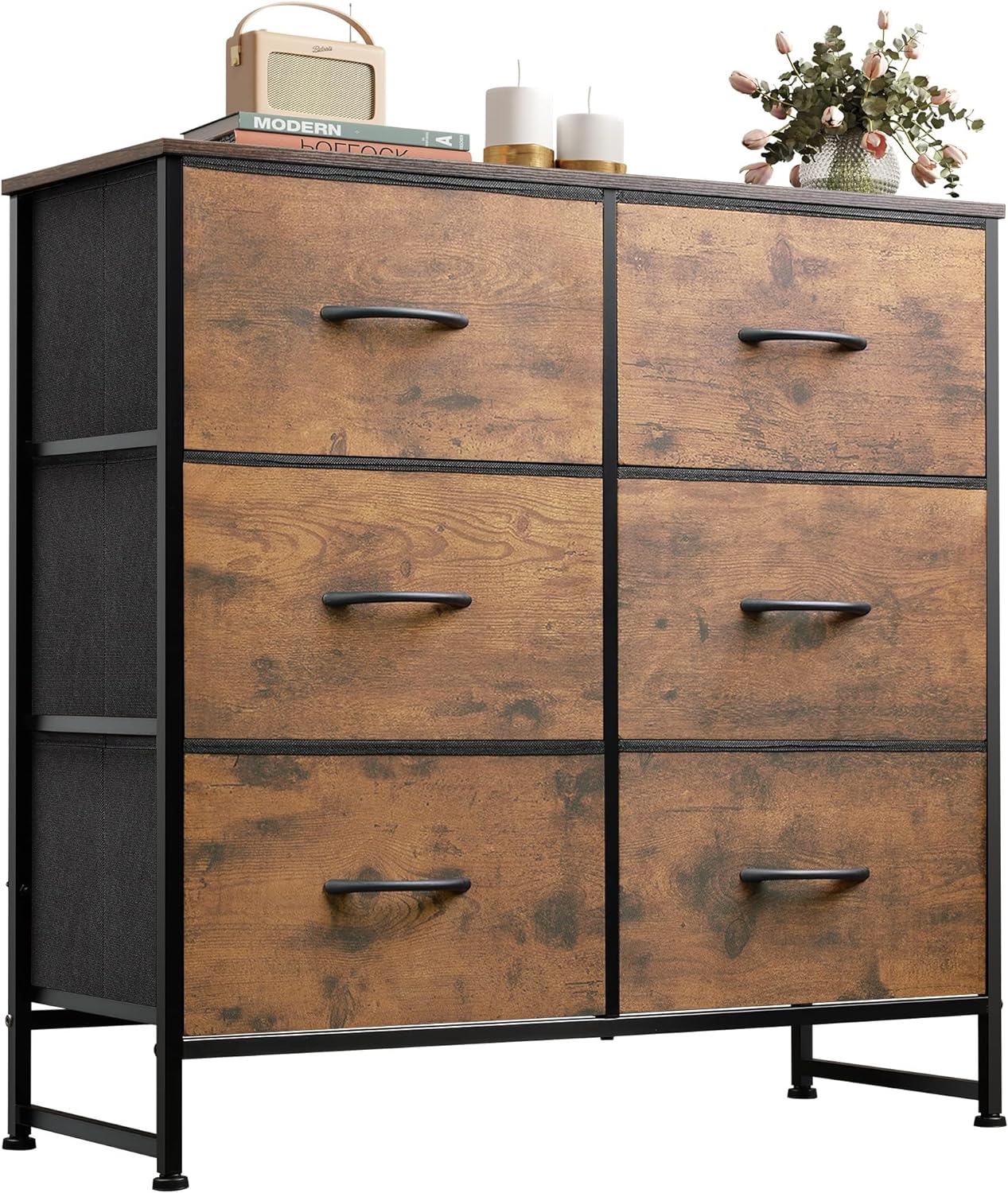 WLIVE Fabric Dresser for Bedroom, 6 Drawer Double Dresser, Storage Tower with Fabric Bins, Chest of Drawers for Closet, Living Room, Hallway, Rustic Brown Wood Grain Print