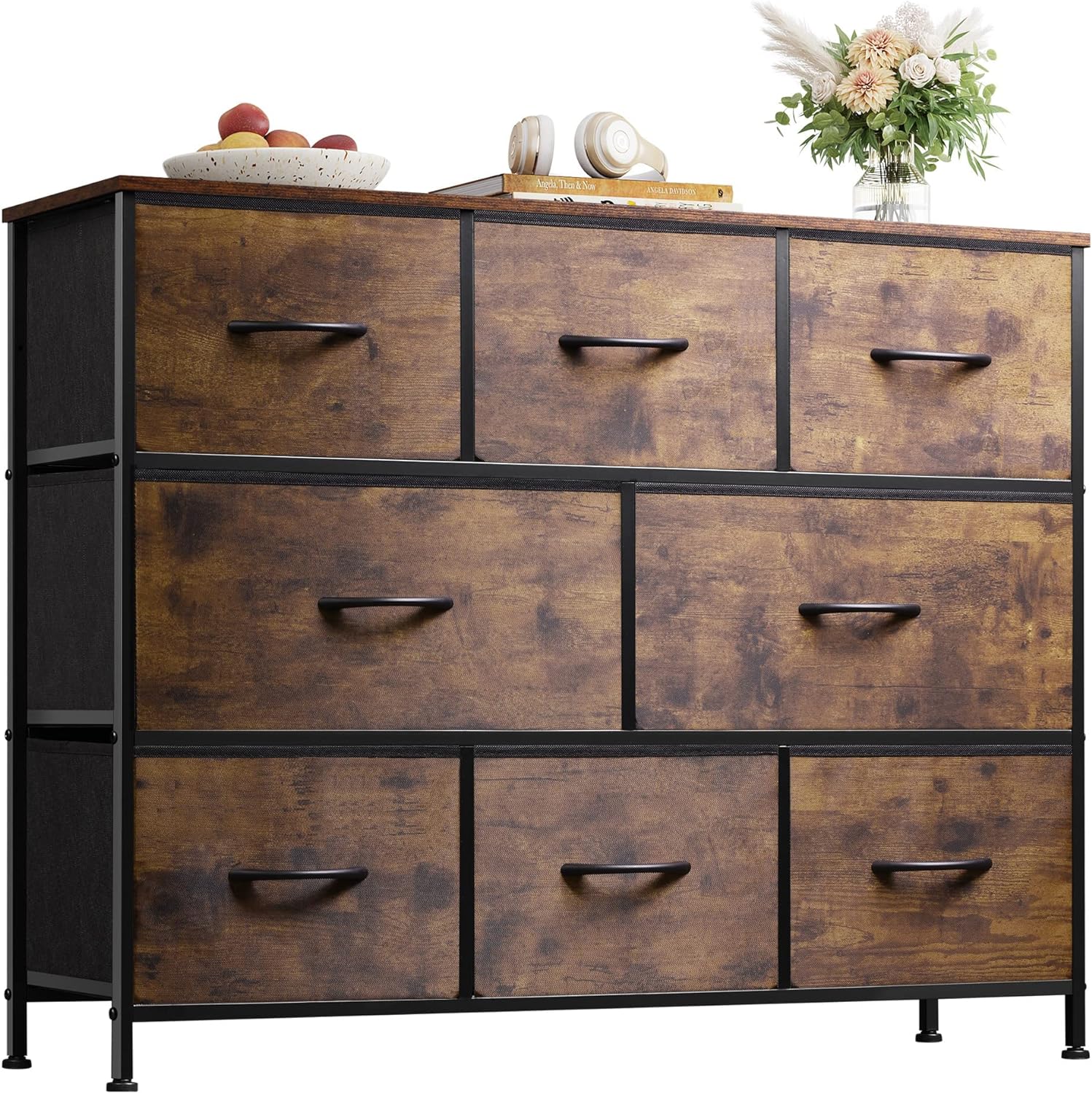 WLIVE Fabric Dresser for Bedroom - Storage Drawer Unit as TV Stand for 32-43 inch TVs - Wide Dresser with 8 Large Deep Drawers for Office, College Dorm, Rustic Brown