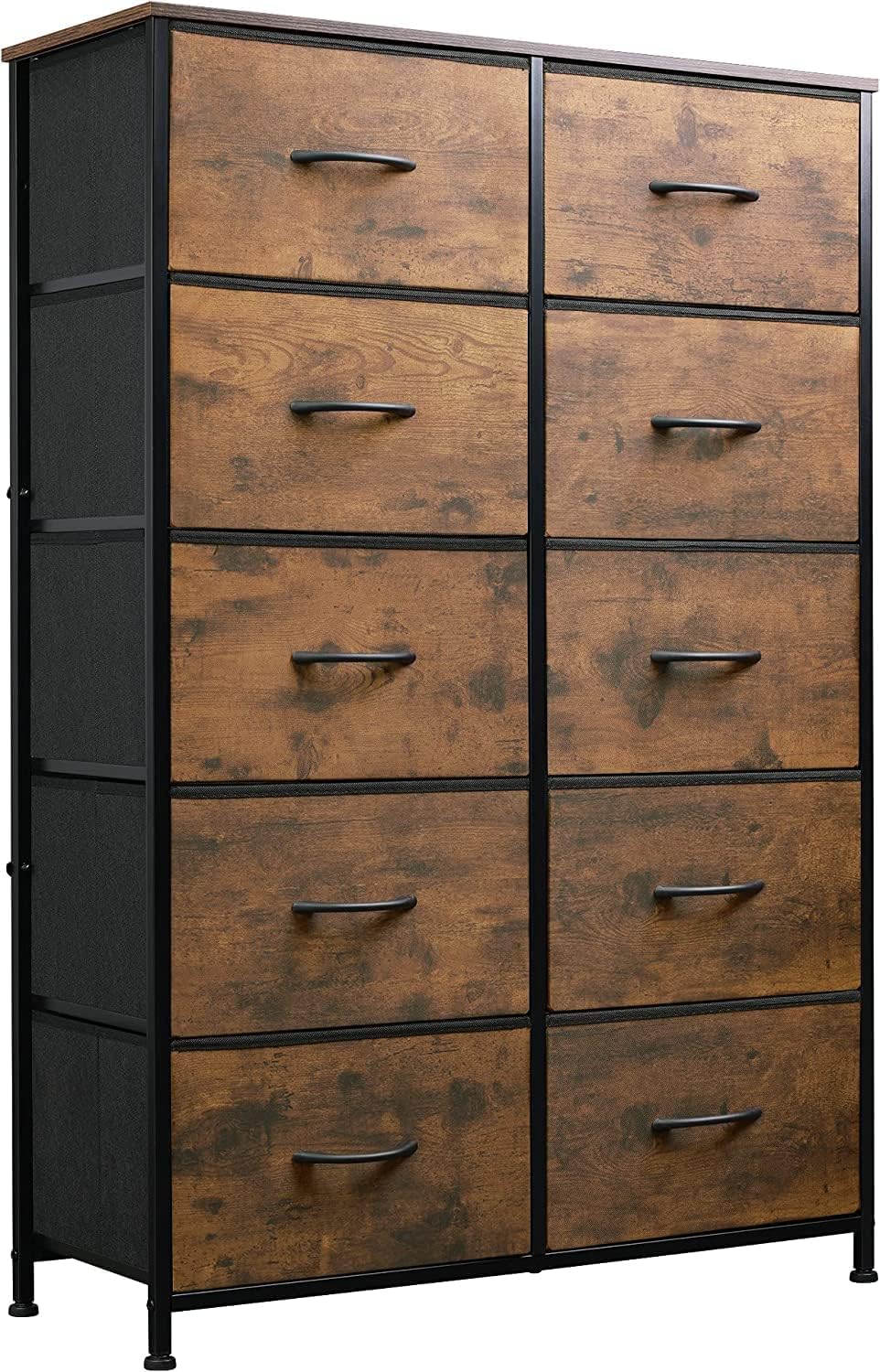 WLIVE Tall Dresser for Bedroom with 10 Drawers, Chest of Drawers, Fabric Dresser for Closets, Storage Organizer Unit with Fabric Bins, Steel Frame, Wood Top, Rustic Brown Wood Grain Print