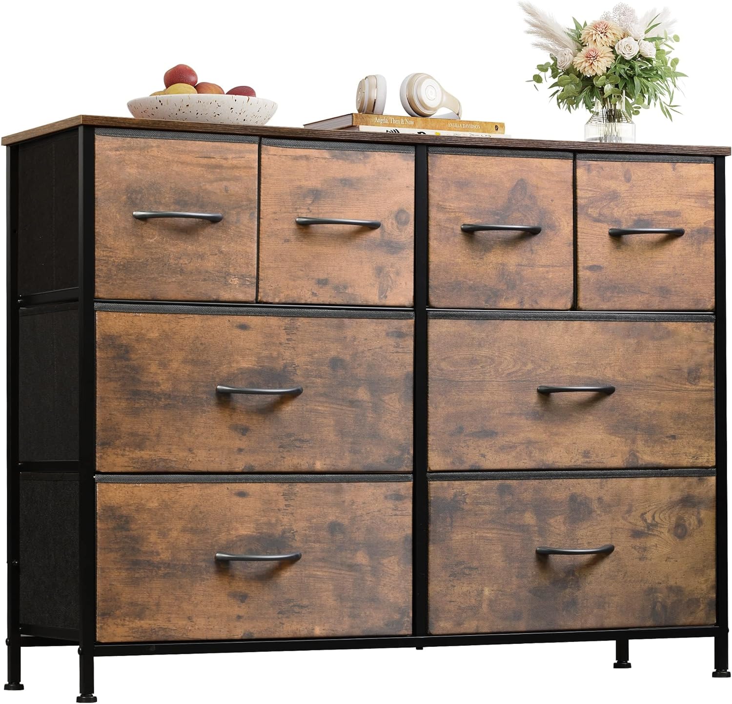 WLIVE Dresser for Bedroom with 8 Drawers, Wide Fabric Dresser for Storage and Organization, Bedroom Dresser, Chest of Drawers for Living Room, Closet, Entryway, Rustic Brown Wood Grain Print