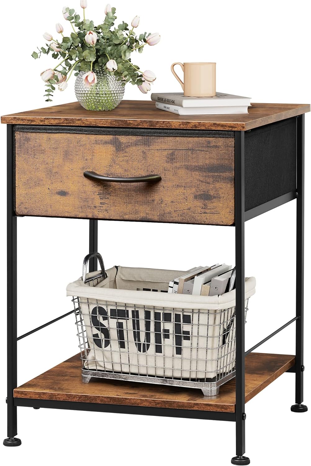 WLIVE Nightstand, End Table with Fabric Storage Drawer and Open Wood Shelf, Bedside Furniture with Steel Frame, Side Table for Bedroom, Dorm, Easy Assembly, Rustic Brown Wood Grain Print