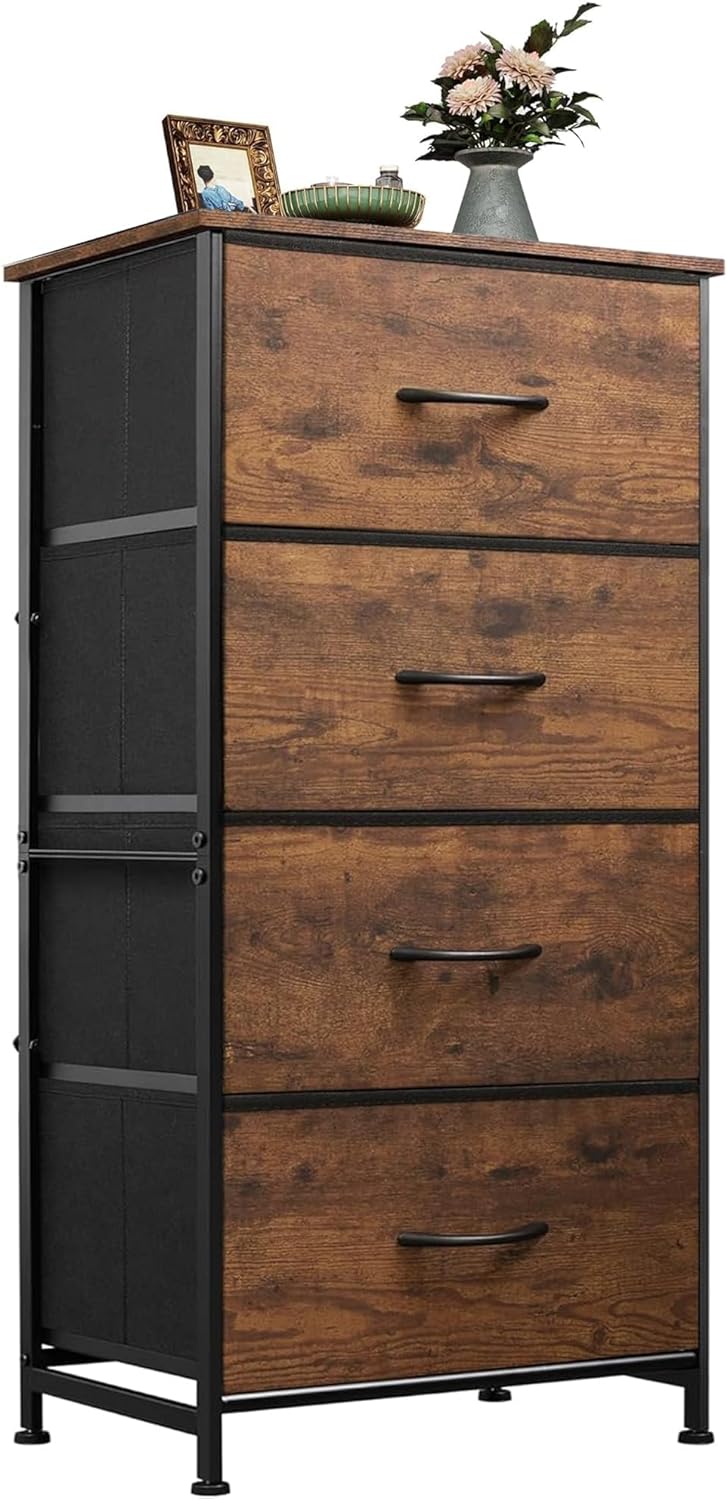 WLIVE Dresser with 4 Drawers, Fabric Storage Tower, Organizer Unit for Bedroom, Hallway, Entryway, Closets, Sturdy Steel Frame, Wood Top, Easy Pull Handle, Rustic Brown Wood Grain Print