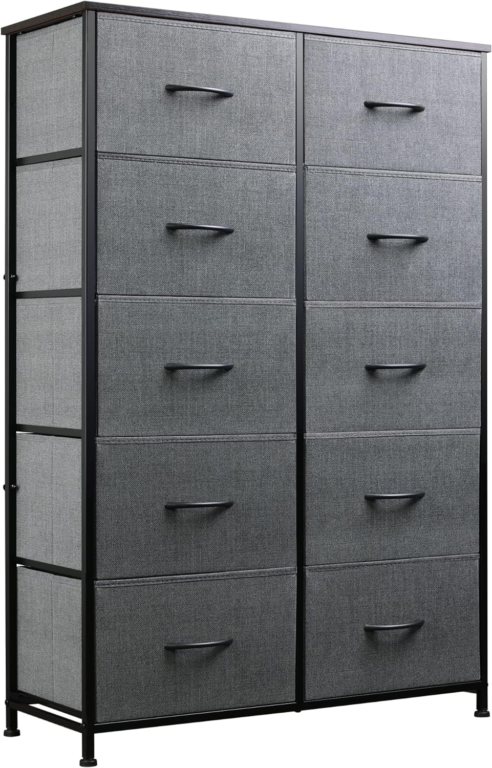 WLIVE 10-Drawer Dresser, Fabric Storage Tower for Bedroom, Hallway, Closets, Tall Chest Organizer Unit with Textured Print Fabric Bins, Steel Frame, Wood Top, Easy Pull Handle, Dark Grey