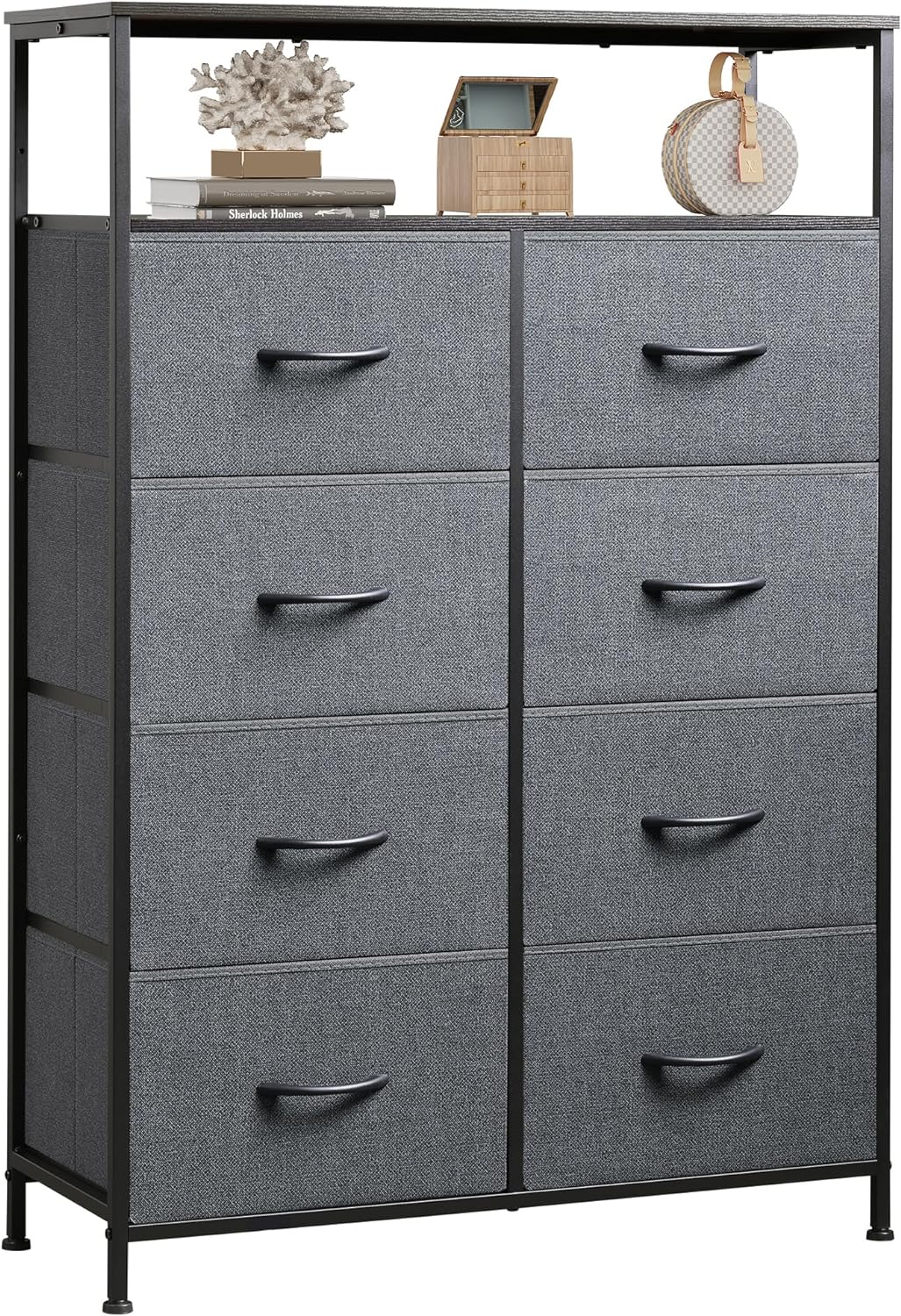 WLIVE Fabric Dresser for Bedroom with Open Shelves, Tall Dresser with 8 Drawers, Storage Tower with Fabric Bins, Chest of Drawers for Closet, Living Room, Hallway, Charcoal Gray