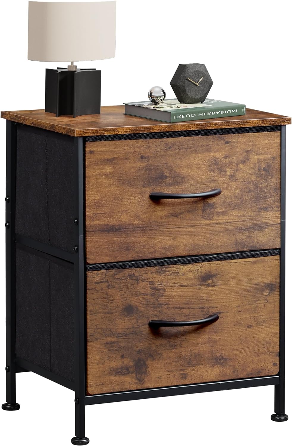 WLIVE Nightstand, Small 2 Drawer Dresser, Bedside Furniture, Night Stand, End Table with Fabric Bins for Bedroom, Closet, Dorm, Rustic Brown Wood Grain Print