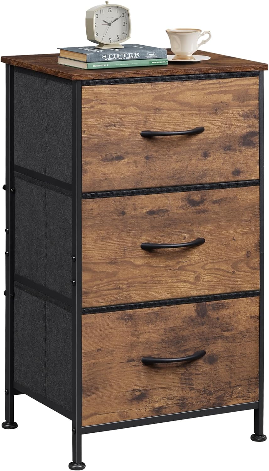 WLIVE Dresser with 3 Drawers, Fabric Nightstand, Organizer Storage Dresser for Bedroom, Hallway, Entryway, Closets, Sturdy Steel Frame, Wood Top, Easy Pull Handle, Rustic Brown Wood Grain Print