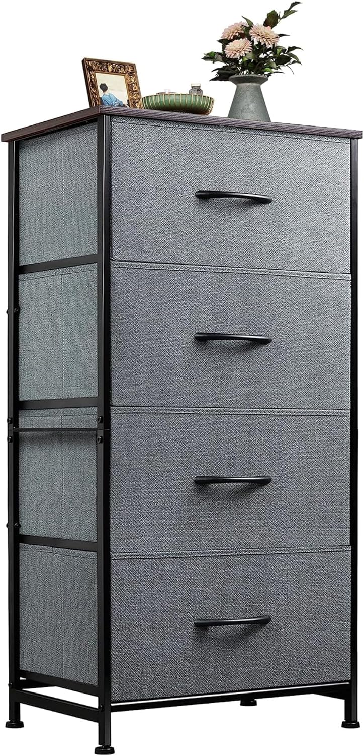 WLIVE Dresser with 4 Drawers, Storage Tower, Organizer Unit, Fabric Dresser for Bedroom, Hallway, Entryway, Closets, Sturdy Steel Frame, Wood Top, Easy Pull Handle, Dark Grey