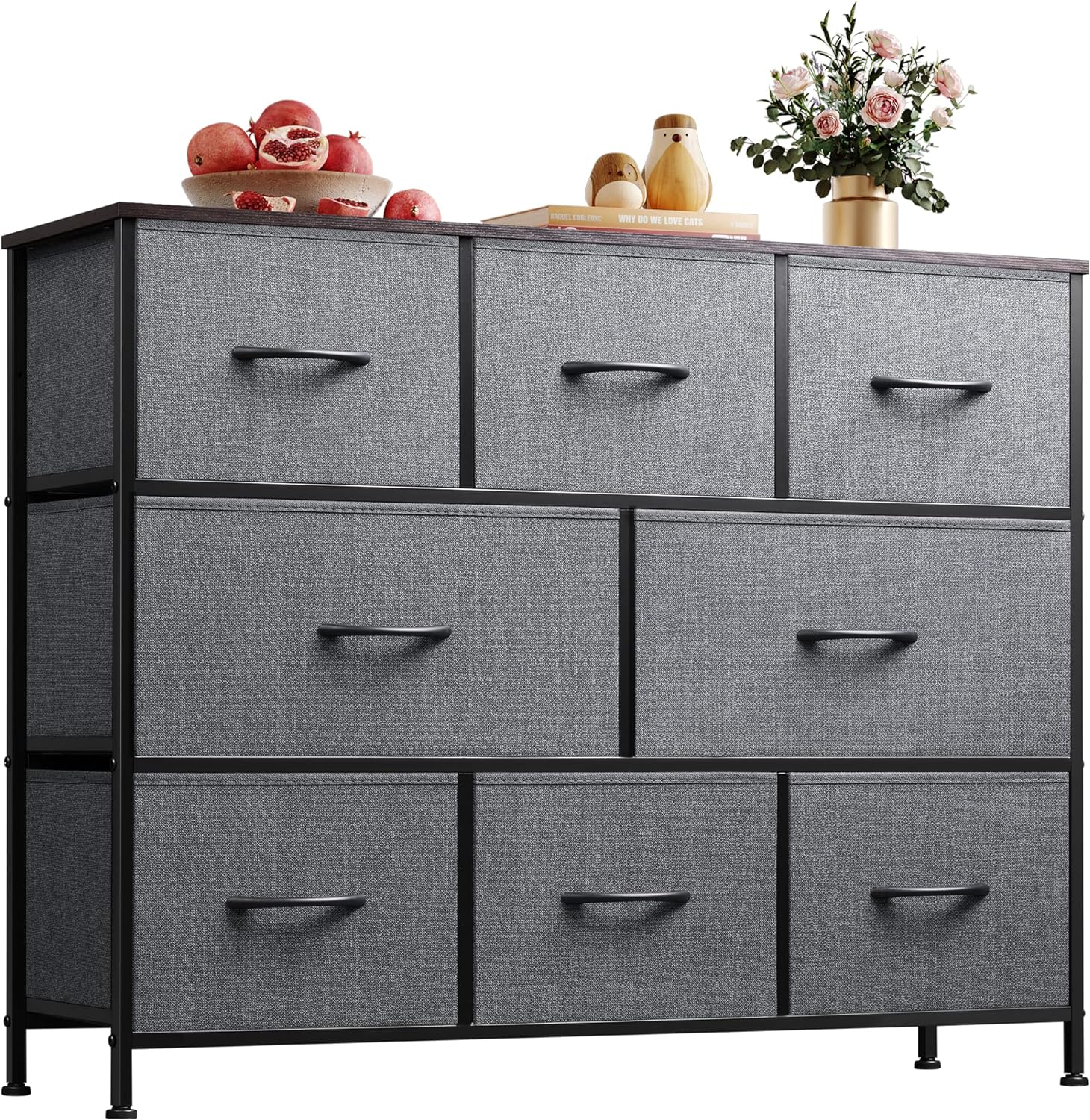 WLIVE Fabric Dresser, Storage Drawer Unit, Bedroom Dresser TV Stand for 32 40 43 inch TV, Wide Dresser with 8 Large Deep Drawers for Office, College Dorm, Dark Grey