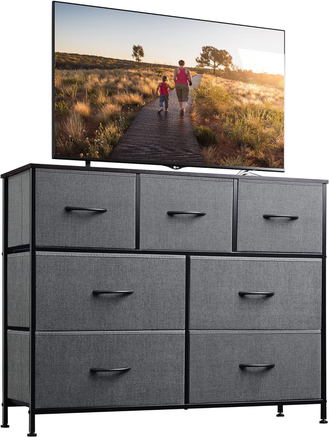 WLIVE Dresser TV Stand, Entertainment Center with Fabric Drawers, Media Console Table with Metal Frame and Wood Top for TV up to 45 inch, Chest of Drawers for Bedroom, Dark Grey