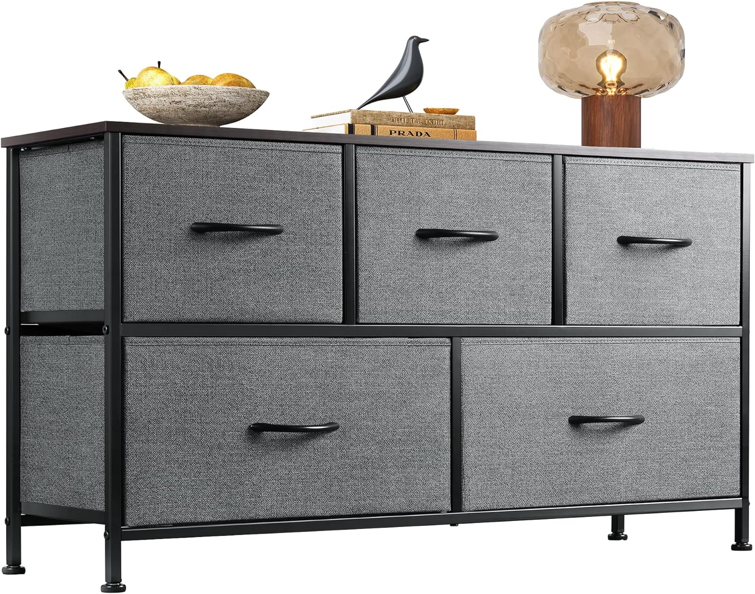 WLIVE Dresser for Bedroom with 5 Drawers, Wide Chest of Drawers, Fabric Dresser, Storage Organizer Unit with Fabric Bins for Closet, Living Room, Hallway, Dark Grey