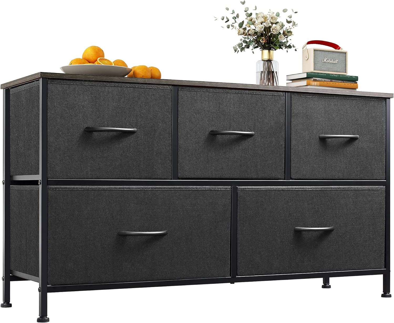 WLIVE Dresser for Bedroom with 5 Drawers, Wide Chest of Drawers, Fabric Dresser, Storage Organizer Unit with Fabric Bins for Closet, Living Room, Hallway, Charcoal Black