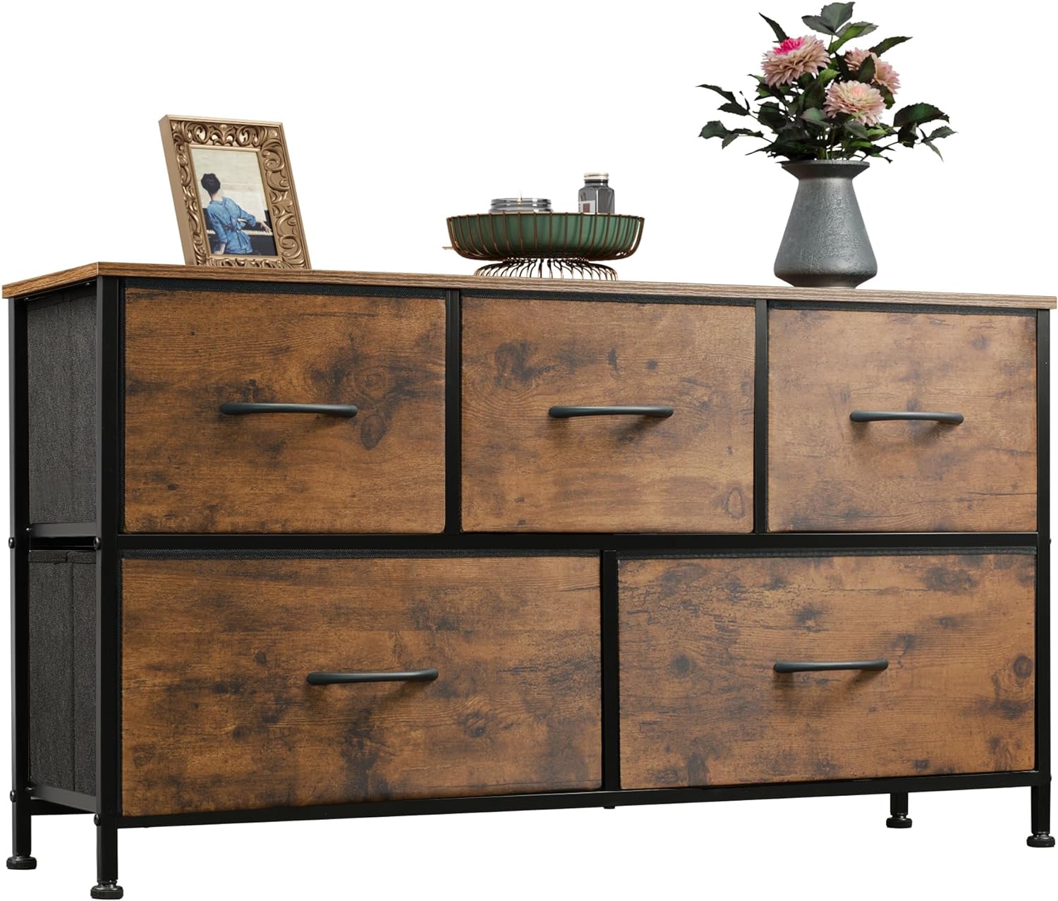 WLIVE Dresser for Bedroom with 5 Drawers, Wide Chest of Drawers, Fabric Dresser, Storage Organizer Unit with Fabric Bins for Closet, Living Room, Hallway, Rustic Brown Wood Grain Print