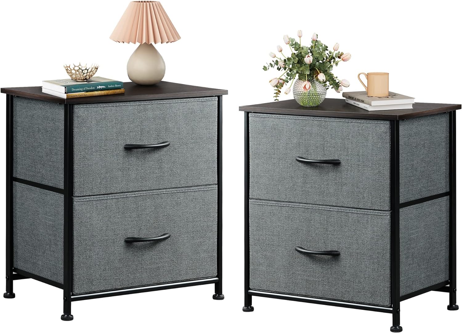 WLIVE Nightstand Set of 2, 2 Drawer Dresser for Bedroom, Small Dresser with 2 Drawers, Bedside Furniture, Night Stand, End Table with Fabric Bins for Bedroom, Closet, College Dorm, Dark Grey