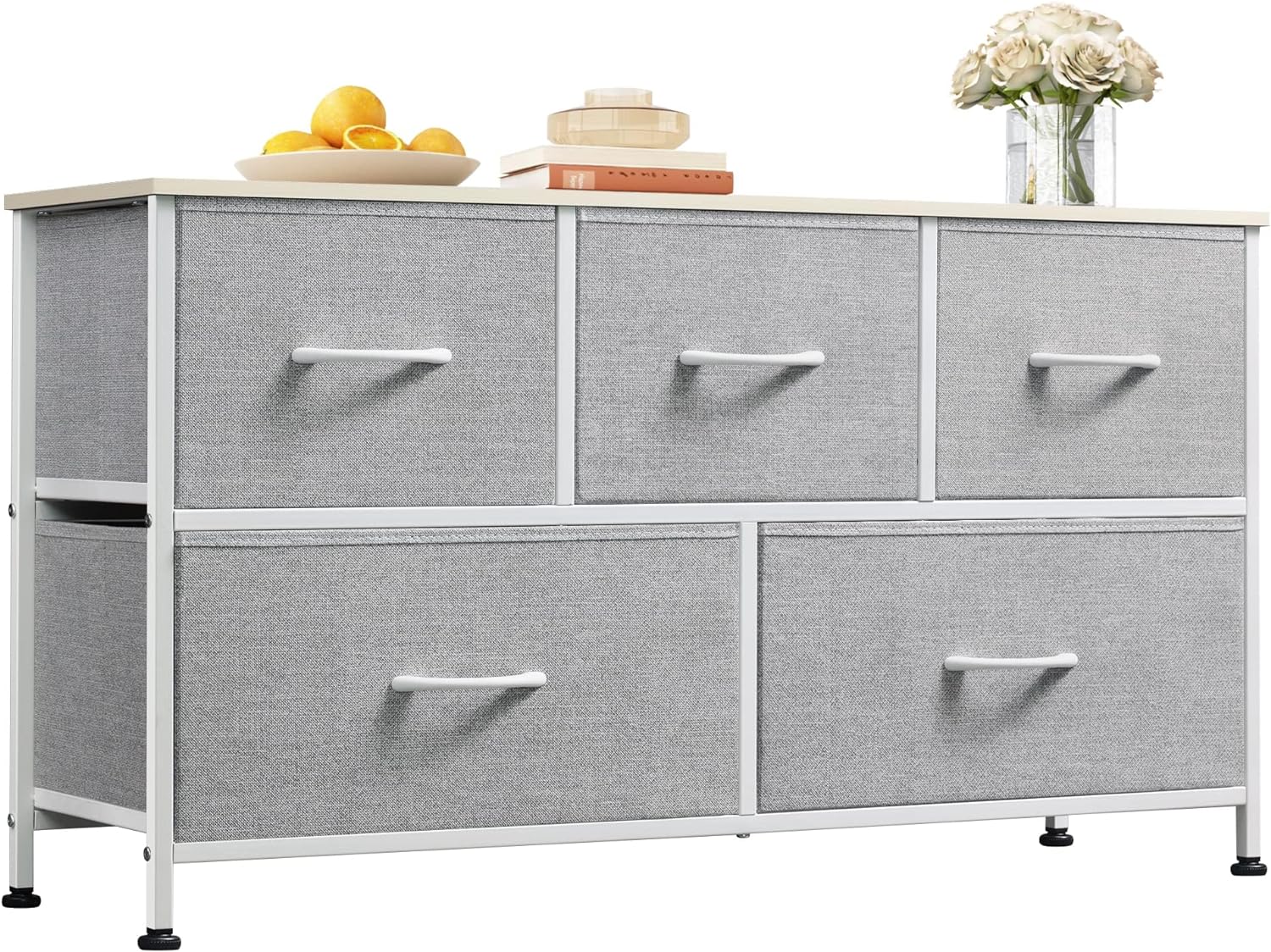 WLIVE Dresser for Bedroom with 5 Drawers, Wide Chest of Drawers, Fabric Dresser, Storage Organization Unit with Fabric Bins for Closet, Living Room, Hallway, Light Grey