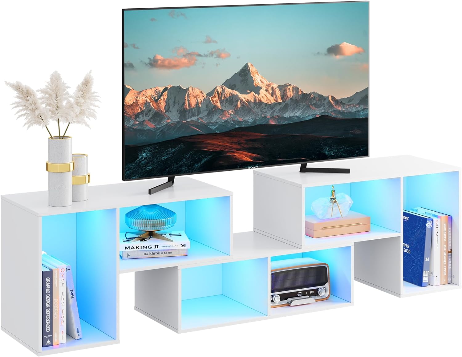 WLIVE TV Stand, Modern Deformable Television Stand with LED Strips, Entertainment Center with Open Shelves, Media TV Console for 65/70 Inch TV, Split TV Stands for Living Room and Bed Room, White