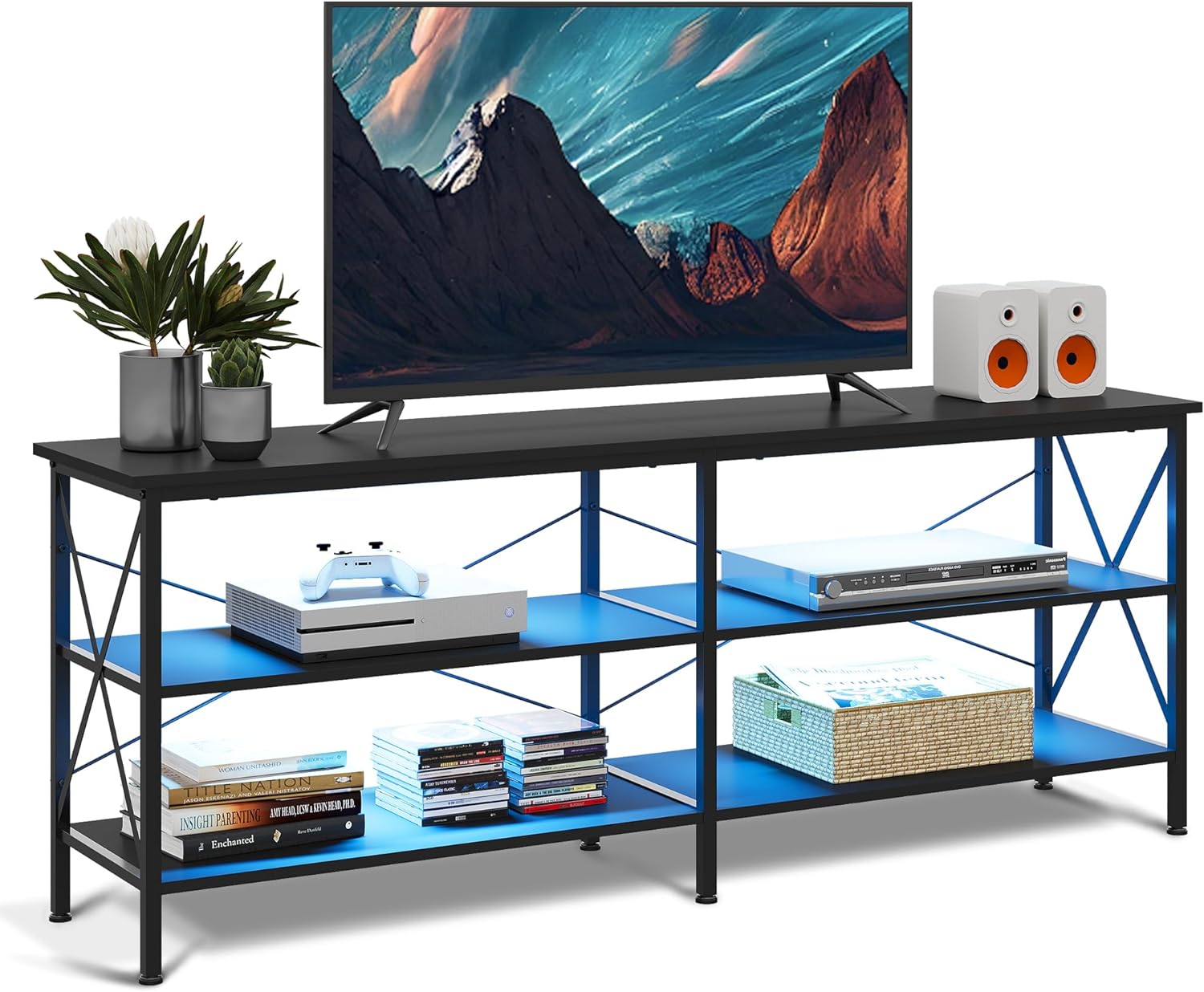 WLIVE TV Stand for 65 70 inch TV with LED Lights, Gaming Entertainment Center with Storage, Industrial TV Console for Living Room, Long 63 LED TV Cabinet with Metal Frame, Black