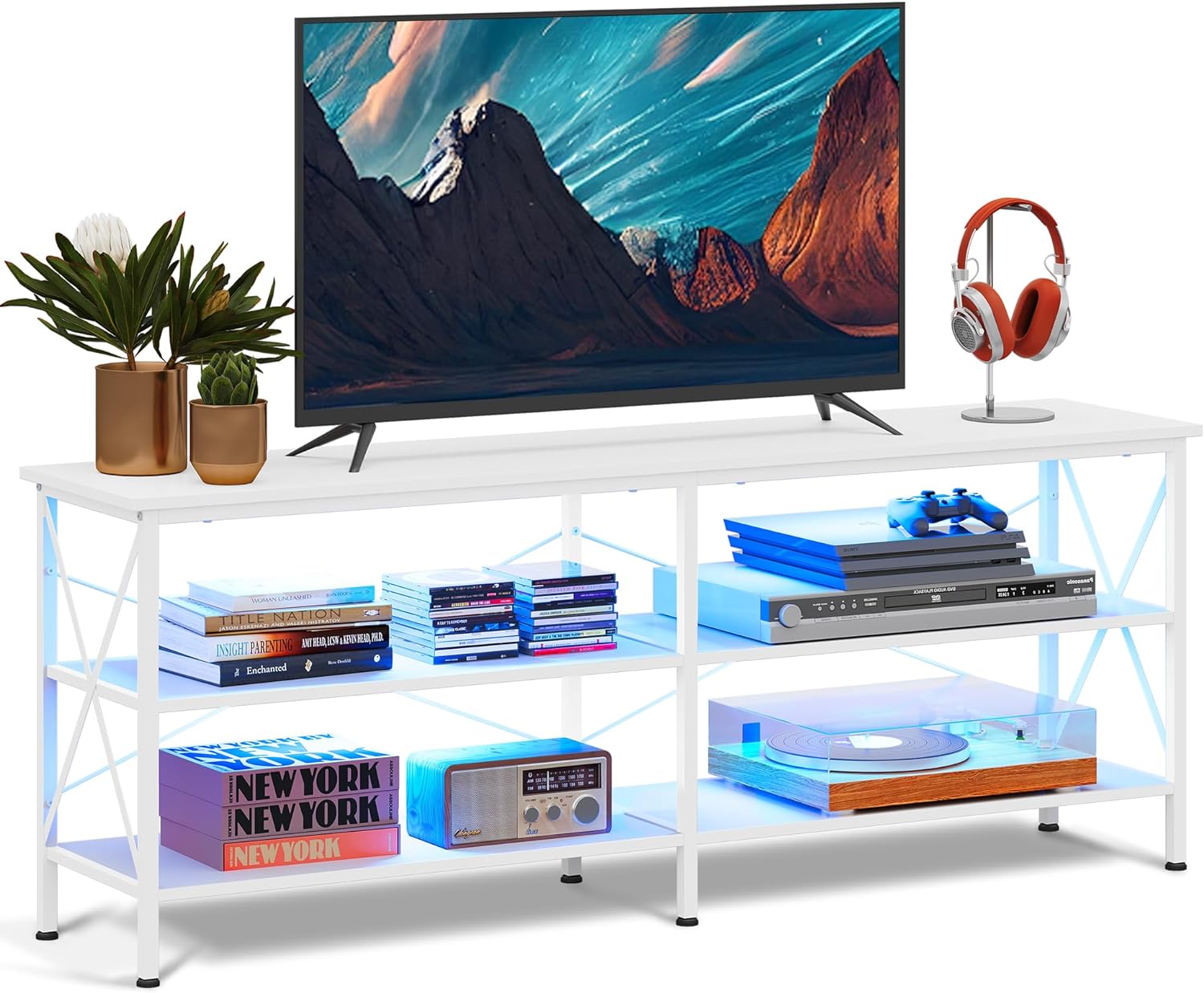 WLIVE TV Stand for 65 70 inch TV with LED Lights, Gaming Entertainment Center with Storage, Industrial TV Console for Living Room, Long 63 LED TV Cabinet with Metal Frame, White