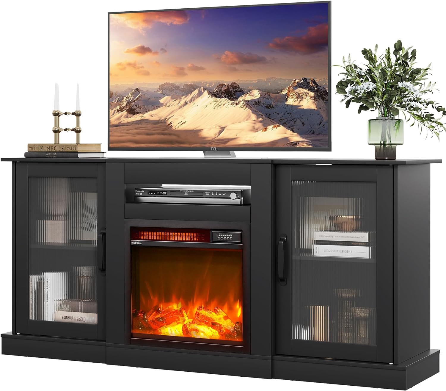 WLIVE Fireplace TV Stand for 60 65 inch TV, Modern Entertainment Center with Electric Fireplace Heater for Living Room, Tall TV Console Table with Storage, Black