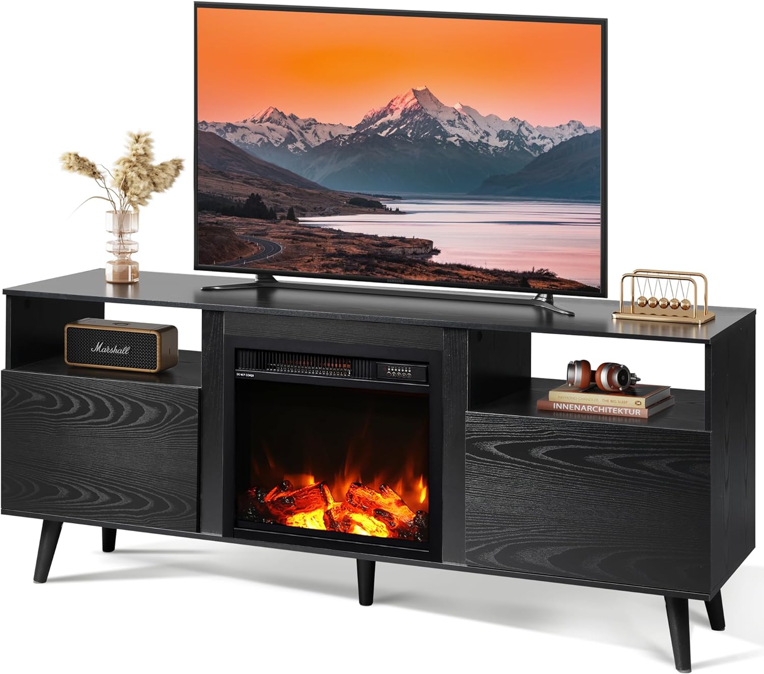 WLIVE Fireplace TV Stand for 65 TV, Mid Century Modern Entertainment Center with 18 Inch Electric Fireplace, TV Console with Open Shelves for Living Room and Bedroom, Black