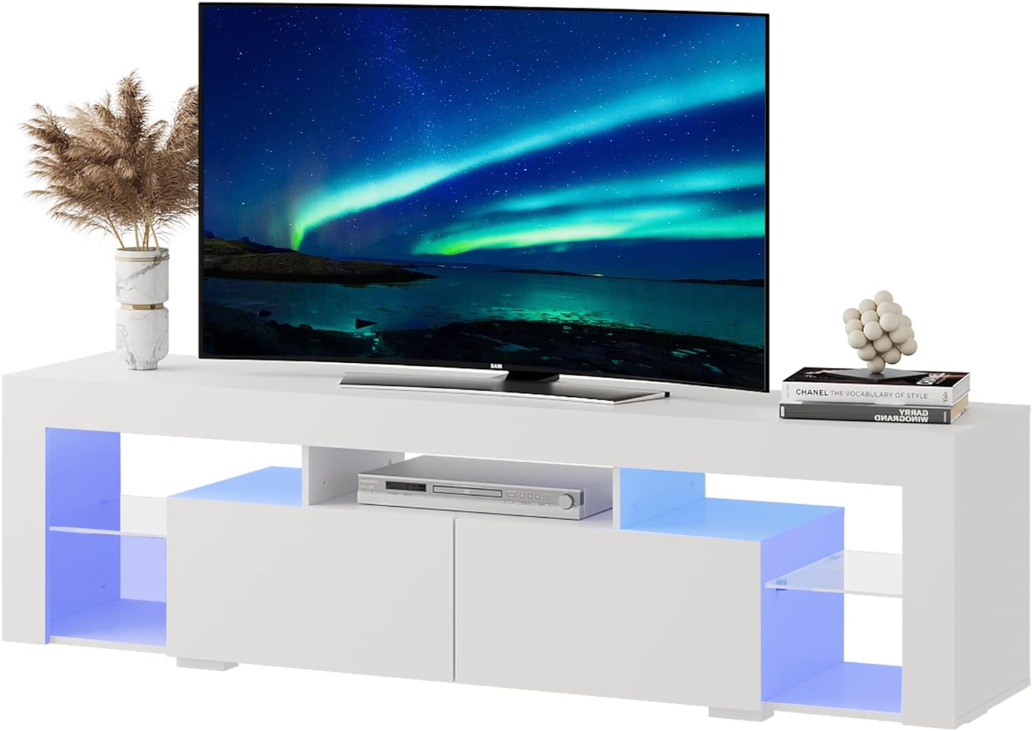 WLIVE LED TV Stand for 55/60/65/70 Inch TV, Modern Entertainment Center with Open Shelves, Wood TV Console with 2 Storage Drawers for Bedroom, Living Room, Gaming Media Stand with Display Glass, White