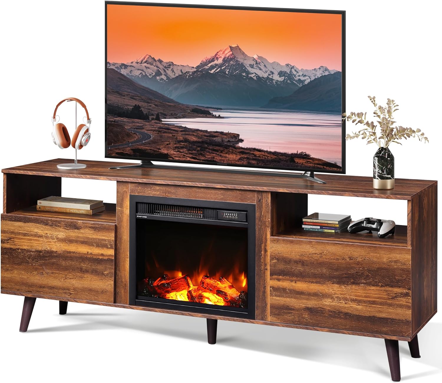 WLIVE Fireplace TV Stand for 65 TV, Mid Century Modern Entertainment Center with 18 Inch Electric Fireplace, TV Console with Open Shelves for Living Room and Bedroom, Retro Brown