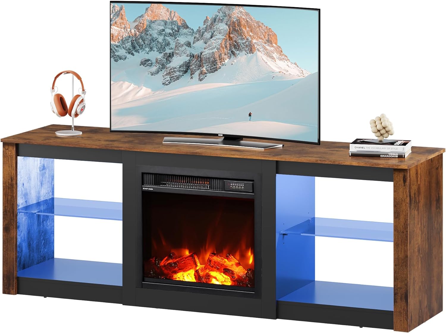 WLIVE Fireplace TV Stand for TVs up to 65 inch, Electric Fireplace TV Console with LED Lights, Modern TV Stand for Living Room, Entertainment Console with Glass Shelves, Rustic Brown