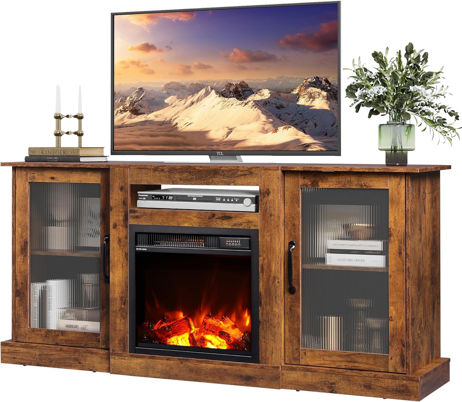 WLIVE Fireplace TV Stand for 65 TV, Entertainment Center with 18 Inch Electric Fireplace, TV Console with Open Shelves for Living Room and Bedroom, Rustic Brown