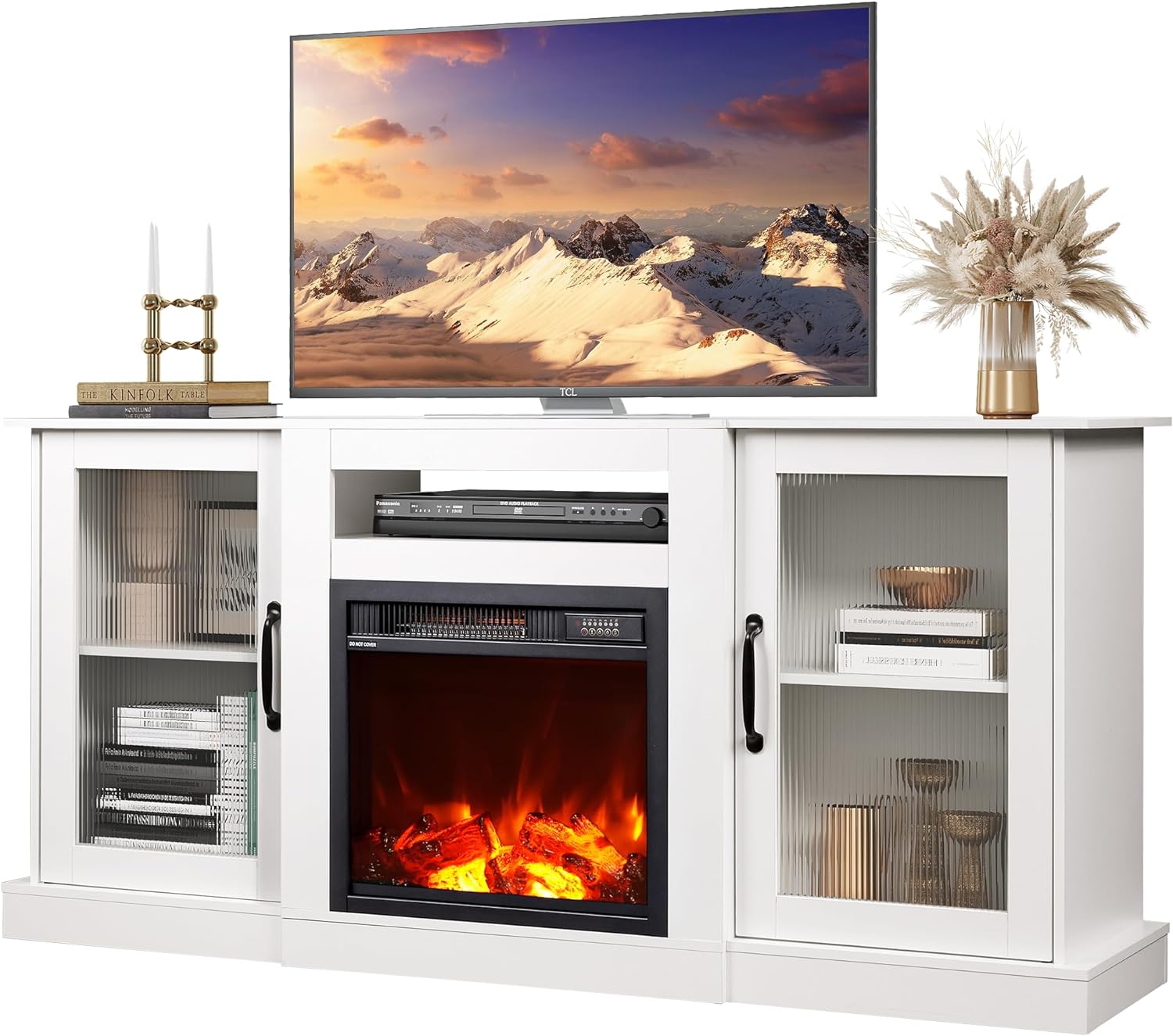 WLIVE Fireplace TV Stand for 65 TV, Entertainment Center with 18 Inch Electric Fireplace, TV Console with Open Shelves for Living Room and Bedroom, White